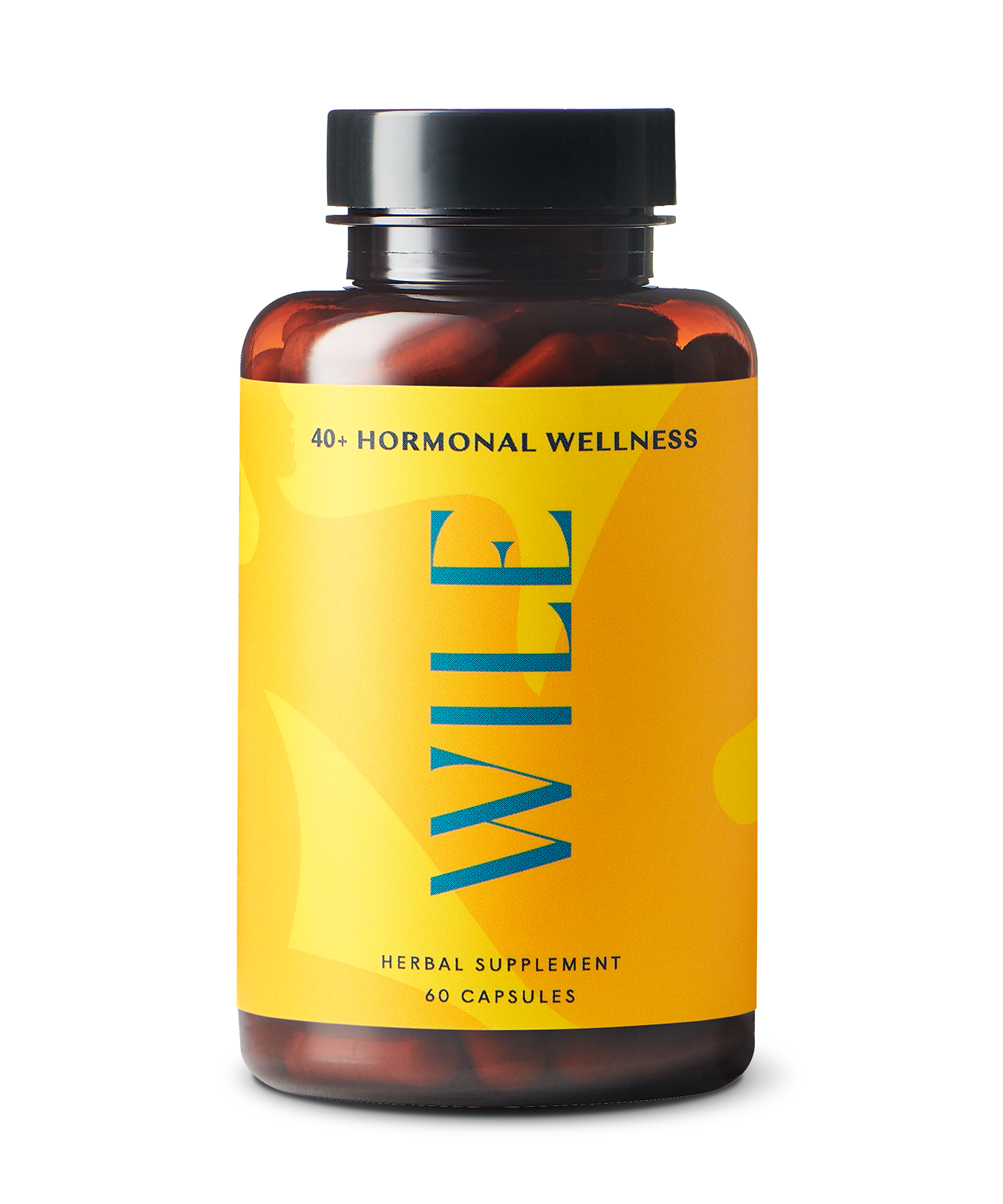 A bottle of WILEs Perimenopause Support herbal supplements features a yellow label with blue text, contains 60 capsules, and is formulated for those over 40 to naturally support hormonal wellness during perimenopause and boost stress resilience.