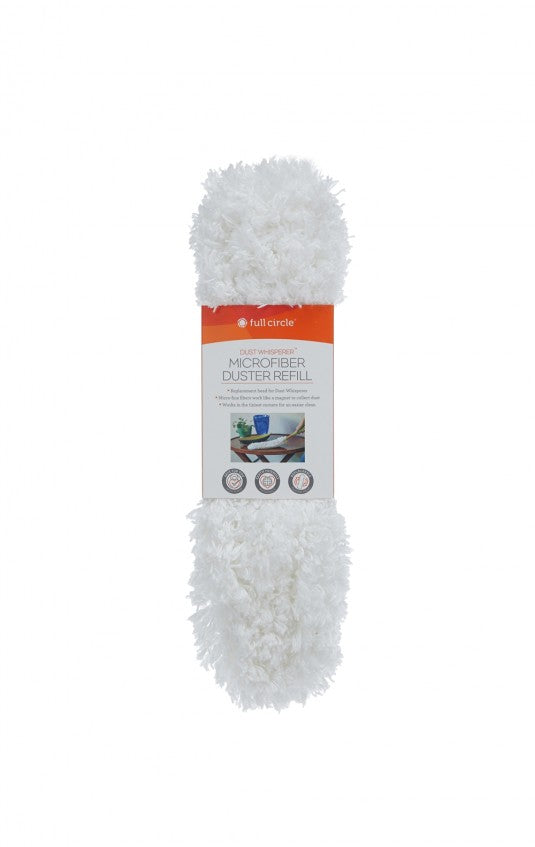 A packaged white microfiber duster refill with a fluffy texture. The label displays the brand Full Circle and indicates it is a microfiber duster refill, along with images showing its use for dusting surfaces.