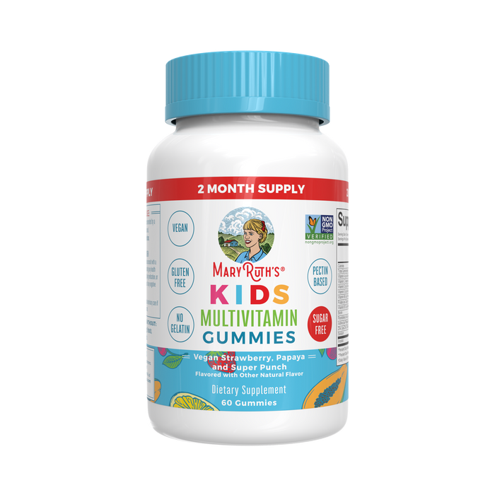 A white bottle of MaryRuth’s Kids Multivitamin Gummies, featuring a colorful label with a woman’s illustration, stating its vegan, gluten free, sugar free, and contains 60 gummies for a two-month supply.