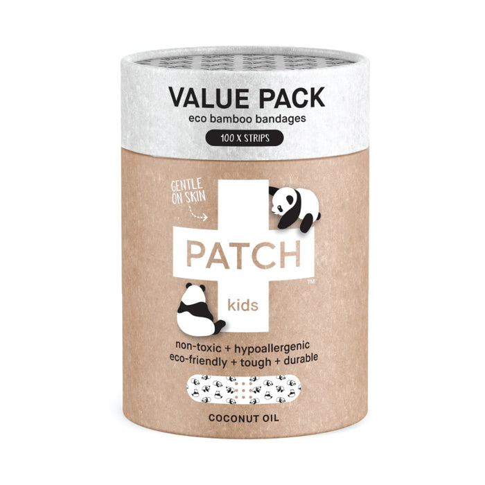 A cylindrical container labeled PATCH kids holds 100 eco bamboo bandages. The brown packaging features panda illustrations and text highlighting that the bandages are gentle, non-toxic, hypoallergenic, and eco-friendly.