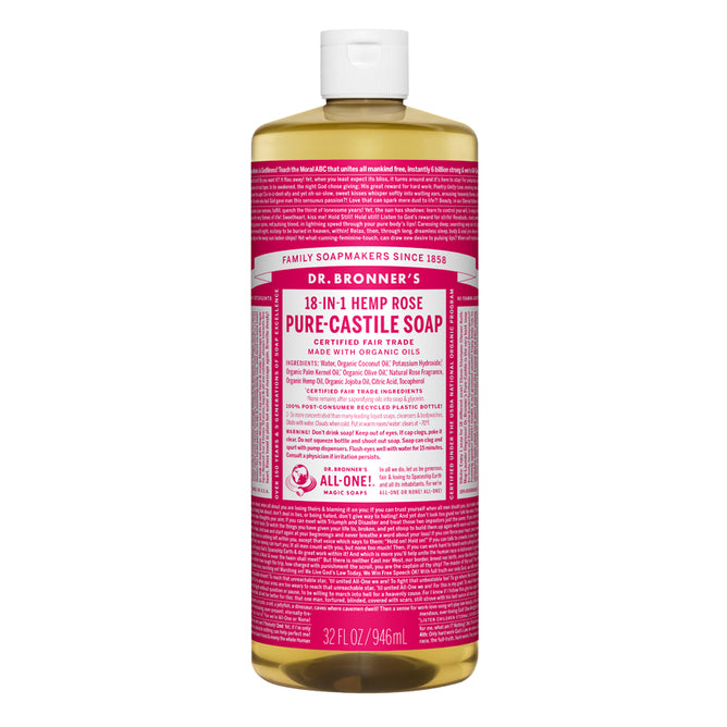 Dr. Bronners Pure-Castile Liquid Soap, a tall vegan bottle known for versatile use, has a pink label with white text. It comes in 18-in-1 Hemp Rose and is offered in a 32 fl oz (946 ml) size.