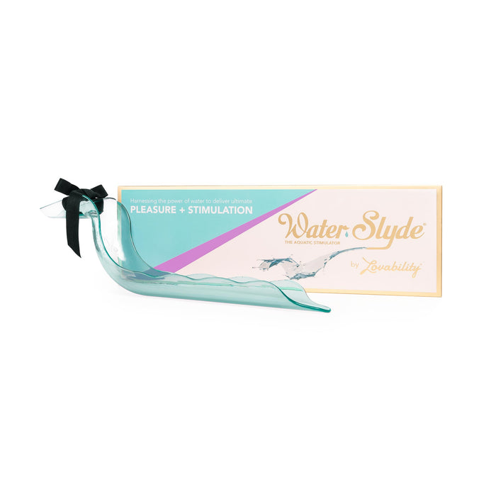 A teal, curved glass object with a black ribbon beside a rectangular box labeled Water Slyde by Lovability, designed for pleasure and stimulation, featuring water splash graphics on white packaging.