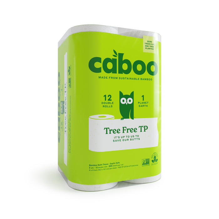 A package of Caboo bamboo toilet paper with a green label showing an owl, reading “Tree Free TP.” The package highlights 12 double rolls, eco-friendliness, and “Made from sustainable bamboo.”.
