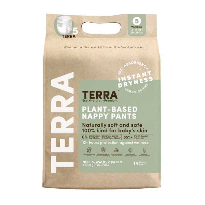 A package of Terra Plant-Based Nappy Pants, size 5 Walker, for 13-18kg babies. The packaging highlights instant dryness, 0% fragrances, and eco-friendly, natural materials. Contains 14 nappy pants.