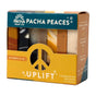 A Bar Soap, Pacha Peaces variety pack by Pacha Soap Co. stands upright, showing colorful soap bars. The packaging includes a peace symbol and Uplift, highlighting handcrafted, plant-based soaps with natural scents.