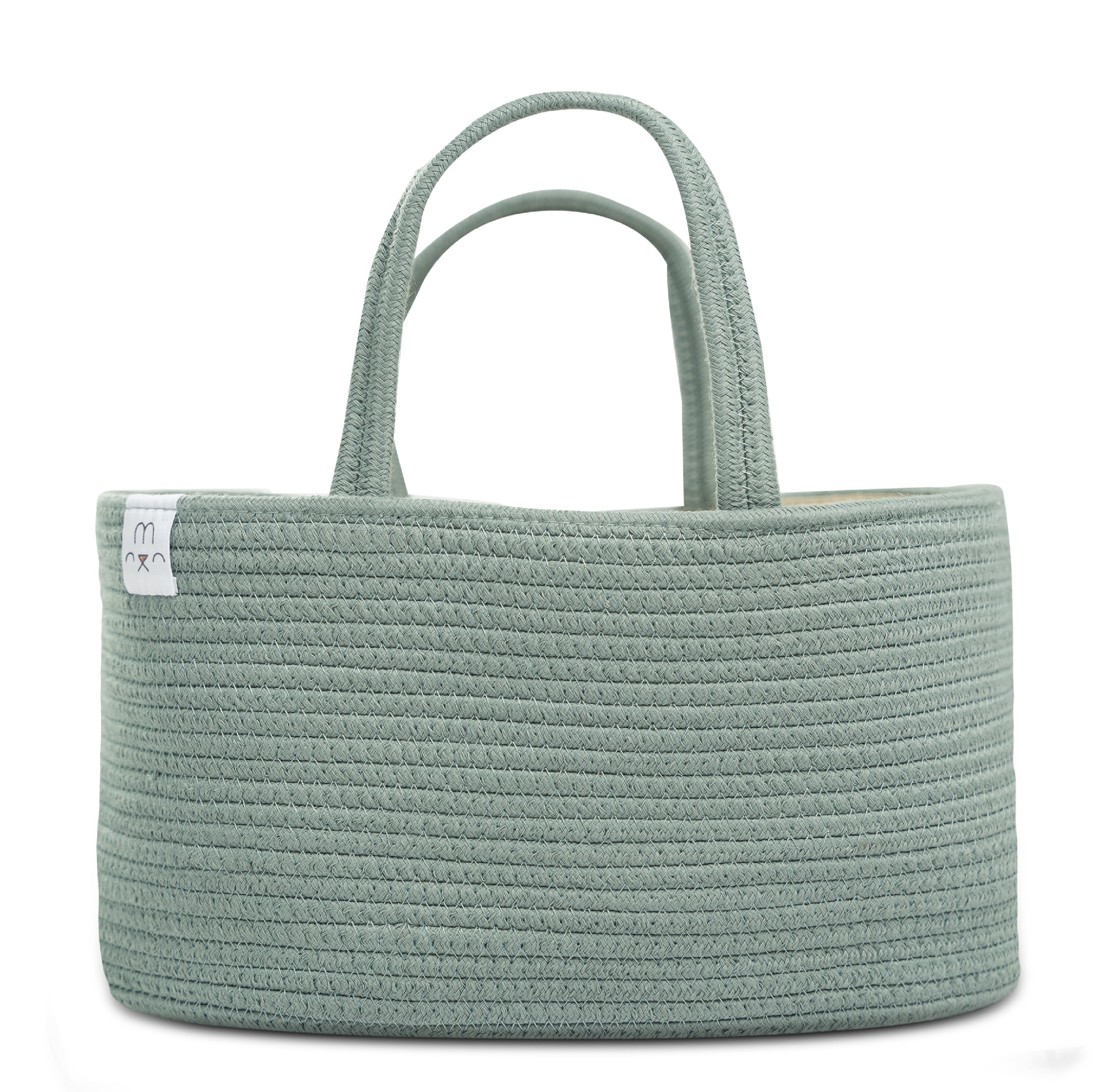 The Natemia Rope Diaper Caddy is a woven, teal-colored basket featuring two sturdy handles and a side label. Its rounded rectangular shape and textured surface make it perfect for storing baby essentials like nappies or toys in the nursery.