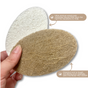 A hand holds two Scrub Be Love Oval Dish Sponges (6-Pack): one white sponge made from porous wood pulp and one brown sponge made from natural coconut coir, with arrows highlighting each durable, eco-friendly material.