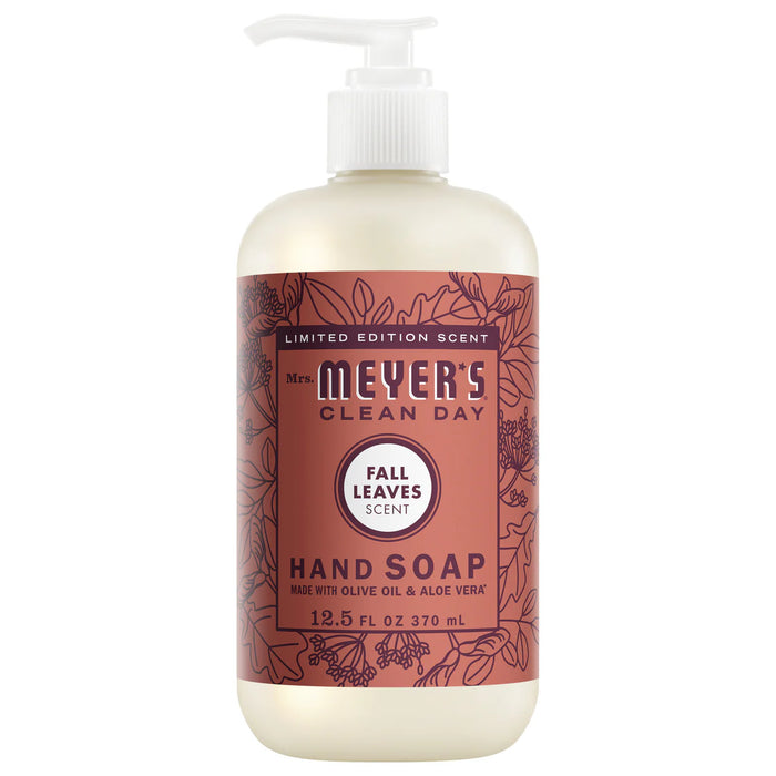 A 12.5 fl oz (370 mL) bottle of Mrs. Meyer's Hand Soap with a pump dispenser, featuring a garden-inspired label that reads Limited Edition Fall Leaves Scent and is made with essential oils.