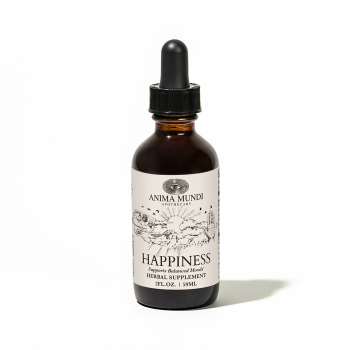 A brown glass dropper bottle labeled Anima Mundi HAPPINESS Tonic, Supports Balanced Moods, with a white label and black text, stands upright on a white background.