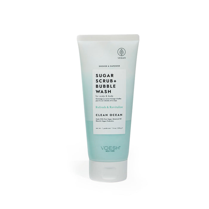 A tube of VOESH Sugar Scrub + Bubble Wash in Clean Ocean scent, labeled as vegan, for scalp and body. The packaging is white with a light blue gradient and black text.