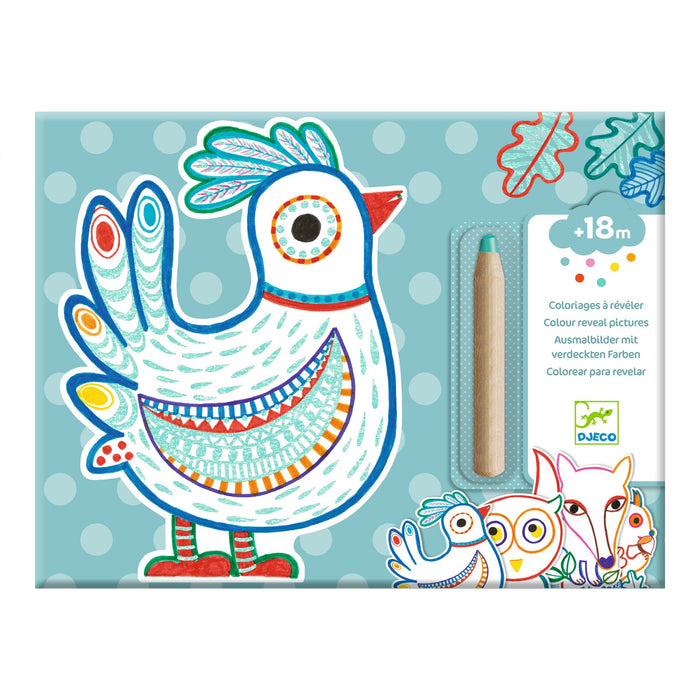 A colorful illustrated bird with intricate patterns is featured on a blue polka-dotted background. Beside it is a turquoise coloring pencil and smaller animal illustrations. The box is labeled for ages 18 months and up.