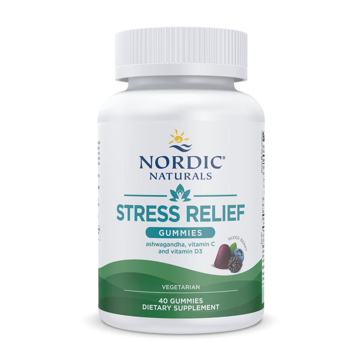 A white bottle labeled Nordic Naturals Stress Relief Gummies with ashwagandha, vitamin C, and vitamin D3. The label features fruit images and green accents. Contains 40 vegetarian dietary supplement gummies.