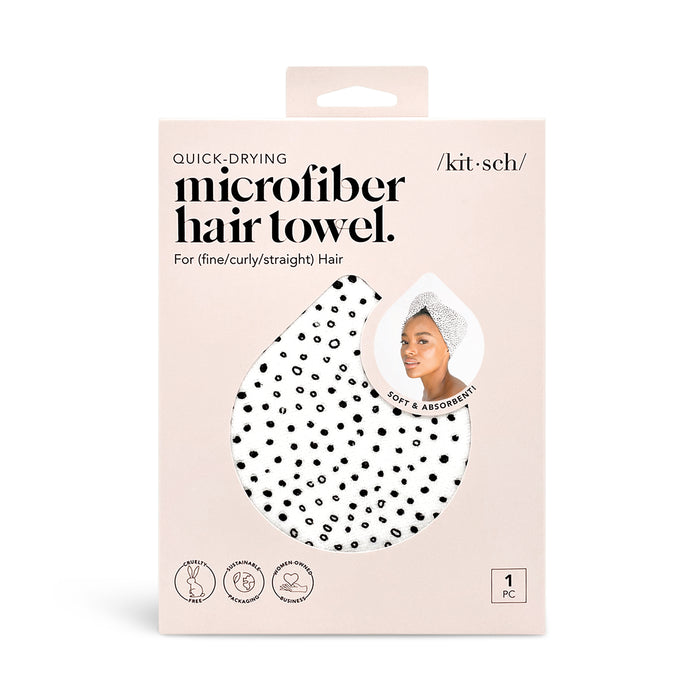 A beige box of Kit-sch microfiber hair towel featuring a polka dot pattern, labeled Quick-Drying Microfiber Hair Towel for all hair types. The package shows an image of a woman wearing the towel.