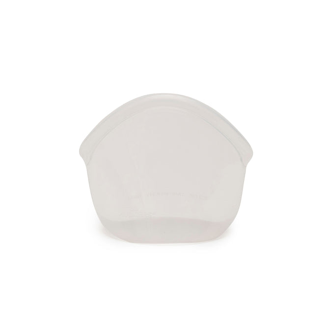 The Hugger Bag by Food Huggers, resembling a transparent curved dental aligner, is showcased on a plain white background. Its easy-to-clean, practical design offers convenience for daily use.