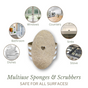 A Scrub Be Love Oval Heart Dish Sponge (4-Pack) is centered with images of windows, counters, sinks, stove, dishes, and bathrooms. Text: Multiuse eco-friendly sponges & scrubbers, safe for all surfaces!.