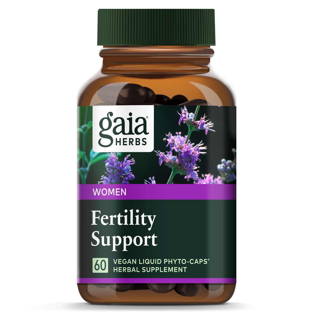 A Gaia Herbs Fertility Support brown bottle with purple flowers on a black background contains 60 vegan liquid phyto-caps, designed to support hormone levels and nurture natural ovulation rhythm.