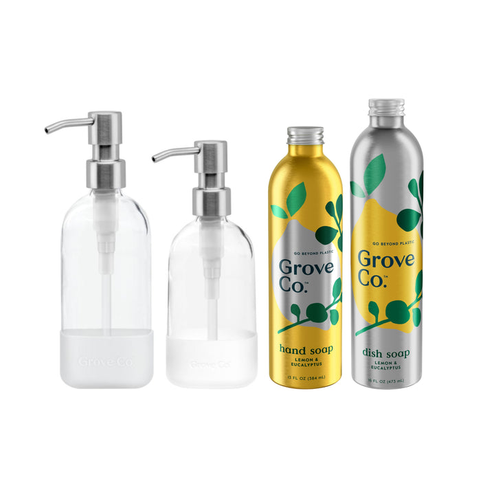 The Grove Co. Hand & Dish Soap Starter Set includes four bottles: two glass dispensers for soap, and two colorful aluminum refill bottles in refreshing lemon and eucalyptus scent.