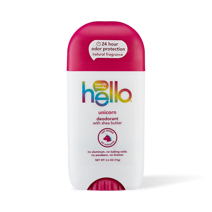 A stick of Hello brand unicorn deodorant with shea butter, featuring a pink cap and white body. The label highlights 24-hour odor protection and states no aluminum, no baking soda, no parabens, no brainer.