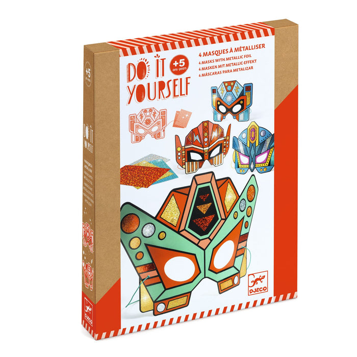 A box labeled “Do It Yourself” contains a kit for making four colorful masks with metallic effects. The box shows completed mask examples, glitter sheets, and the Djeco brand logo. For ages 5 and up.