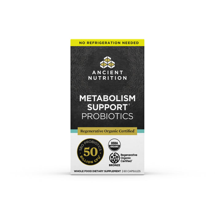 A box of Ancient Nutrition Metabolism Support Probiotics, featuring USDA Organic and Regenerative Organic Certification badges. The packaging highlights 50 billion CFU and states “No Refrigeration Needed.” 60 capsules inside.