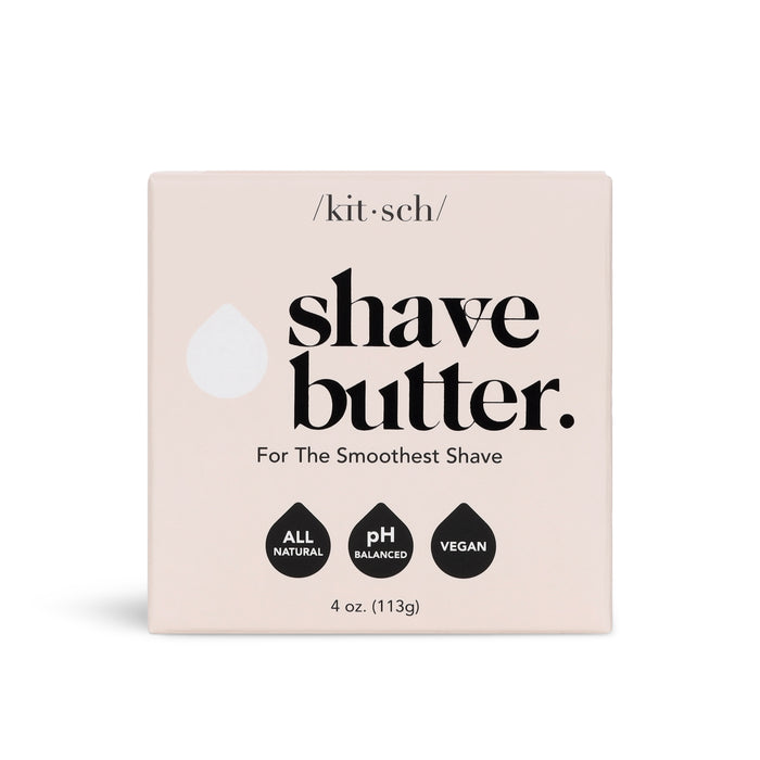 A box of Kitsch shave butter displaying text: shave butter. For The Smoothest Shave, with icons for All Natural, pH Balanced, and Vegan beneath. The package is 4 oz (113g) and has a minimalist design.