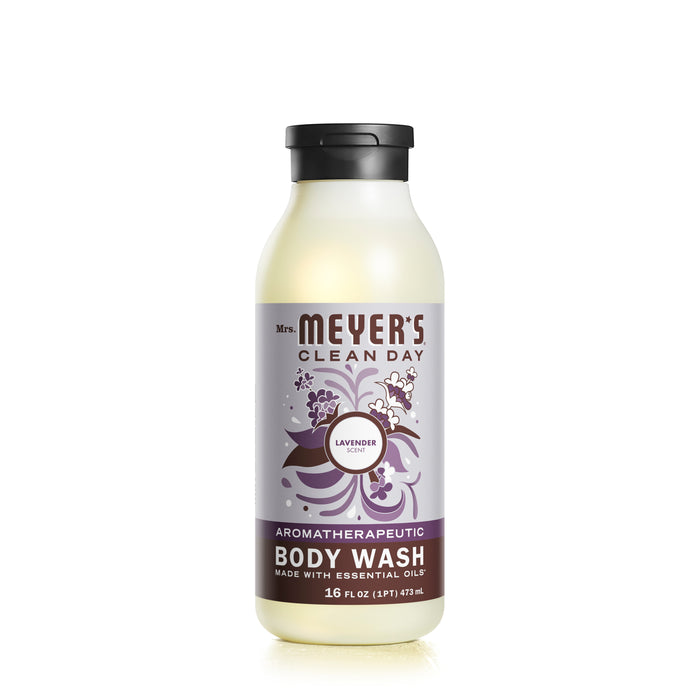 A 16 fl oz bottle of Mrs. Meyers Clean Day Aromatherapeutic Body Wash in lavender scent. The bottle is clear with a black cap and a purple label featuring lavender flowers.