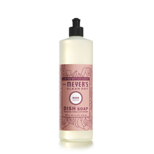Mrs. Meyers Dish Soap, with a rose scent and rose illustrations, is a natural degreaser in a 16 fl oz (473 ml) bottle featuring a limited edition scent label.