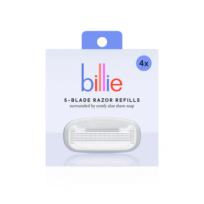 The Womens Razor 5-Blade Refills by billie come in a light blue box with billie in bold, colorful letters. The design features a razor head and 4x, highlighting ultra-sharp blades surrounded by soothing aloe shave soap for smooth shaving.
