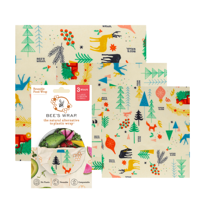 Bee’s Wrap Assorted 3 Pack Wraps - Holiday keeps food fresh with colorful, festive patterns. The eco-friendly packaging highlights that these wraps offer a plastic-free way to store produce.