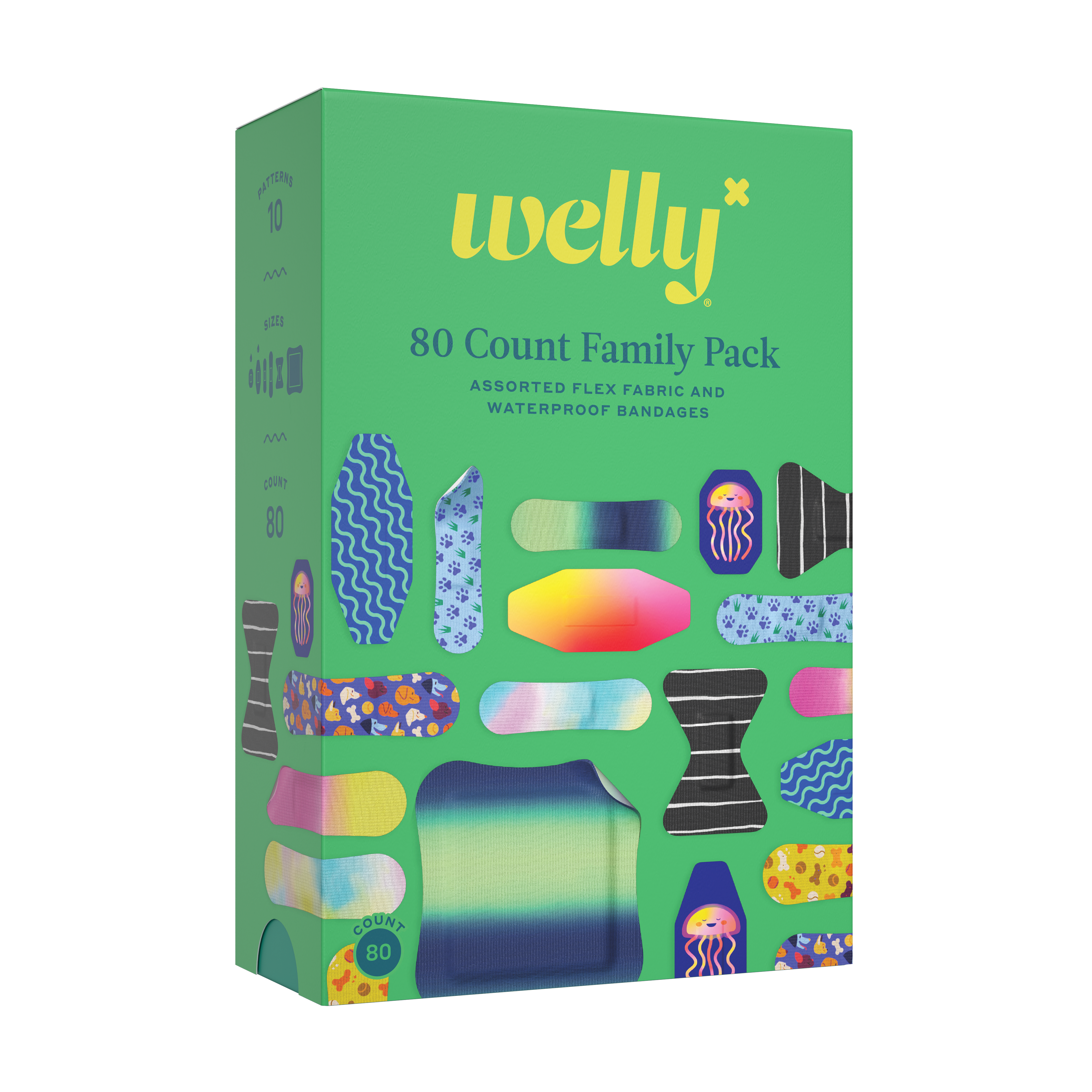 A colorful green Welly Refill Box features 80 flex fabric and waterproof bandages with vibrant designs, making it a cheerful addition to any portable first aid kit.