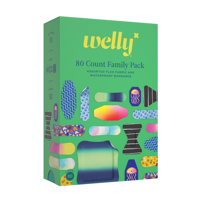 A green box labeled welly 80 Count Family Pack contains assorted flex fabric and waterproof bandages in various colors and patterns, displayed across the front of the box.