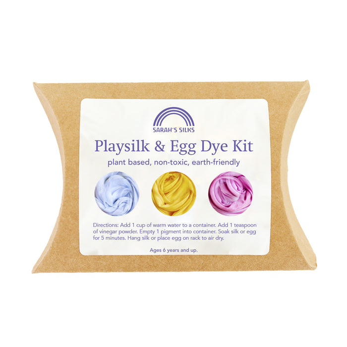 The Sarahs Silks Natural, Non-Toxic Easter Egg + Playsilk Dye Kit features pastel blue, yellow, and pink colors using organic fruit and vegetable extracts. Plant-based, non-toxic, and eco-friendly. Suitable for ages 6+, with directions included.