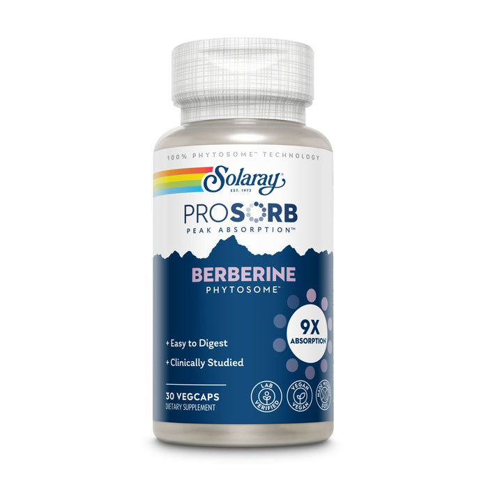 A bottle of Solaray ProSorb Berberine Phytosome dietary supplement, labeled as easy to digest, clinically studied, with 9x absorption, containing 30 vegcaps. The bottle features blue and white branding.