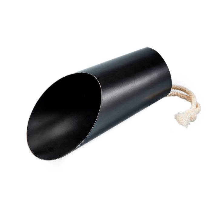 A black metal scoop with an angled open end and a rope loop handle, photographed on a white background.