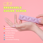 A hand holds a purple, chocolate bar-shaped sugar scrub against a pink background. Text lists features: gentle exfoliate, foamy cleansing, no mess, moisturizing, TSA-friendly, and convenient packing.