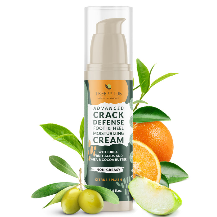 A bottle of Tree To Tub Advanced Crack Defense Foot & Heel Moisturizing Cream with citrus, olive, and shea ingredients shown beside fresh lime, orange slices, olives, and green leaves.