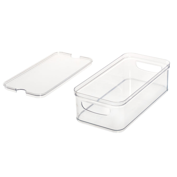 A clear rectangular plastic storage container with a matching clear lid placed beside it, both featuring handles on the sides for easy carrying.