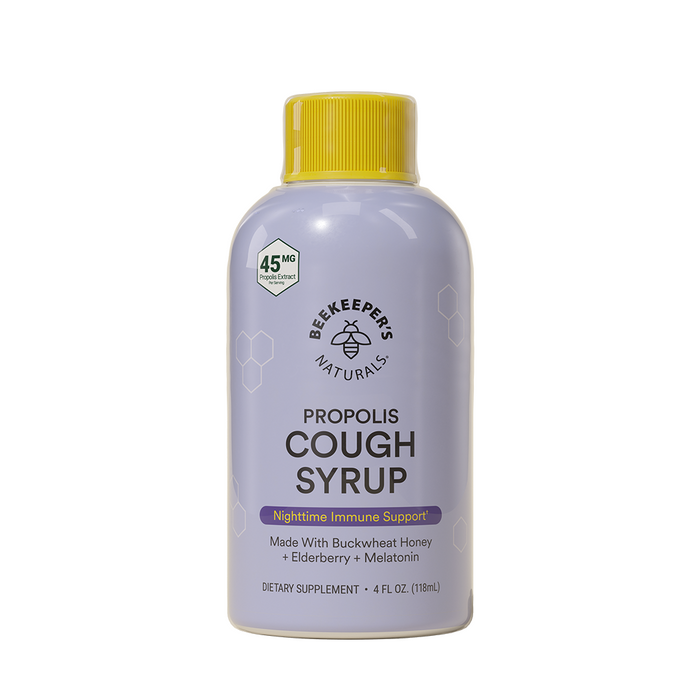 A bottle of Beekeepers Naturals Propolis Cough Syrup with a yellow cap, purple label, and text highlighting nighttime immune support, buckwheat honey, elderberry, and melatonin. The bottle size is 4 fl oz (118 mL).