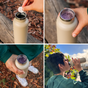 A four-panel collage shows someone adding a tablet to a beige bottle, filling it with a purple drink, holding the bottle outdoors, and sipping from it against a backdrop of greenery and a blue sky.