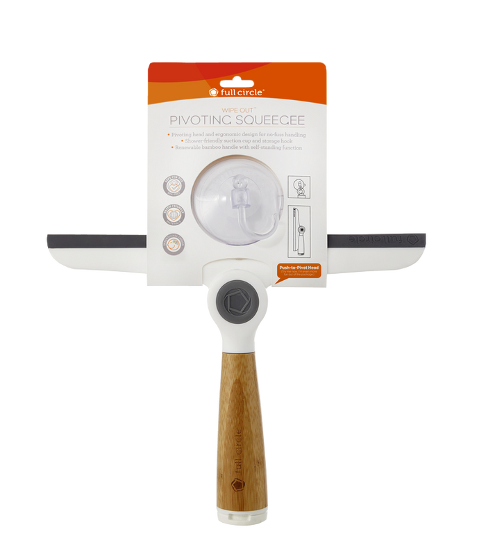 A window squeegee with a bamboo handle and white and gray accents, packaged upright. The label reads Full Circle Pivoting Squeegee and describes features like a pivoting head and suction cup for hanging.