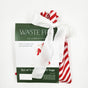 A set of five reusable gift bags with red and white diagonal stripes, packaged with a green label and tied with a large white ribbon bow. The label reads WASTE FREE CELEBRATION and provides product details.