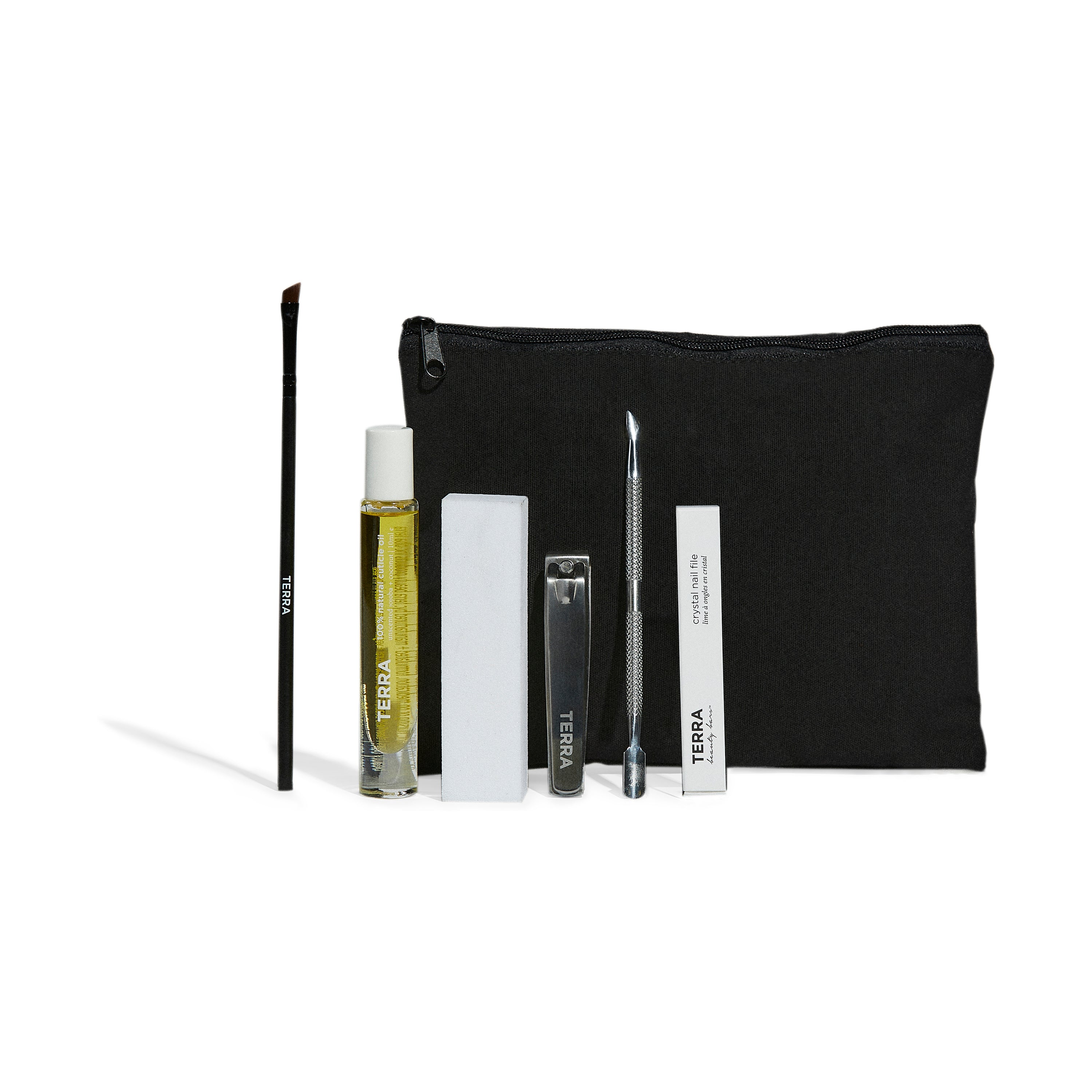 A black cosmetic pouch from Terra Beauty Bars stylishly showcases the 7-Piece Manicure Kit, featuring essential nail care tools like a brow brush, cuticle oil, file, cuticle pusher, nail clippers, and a neatly packaged item in front.