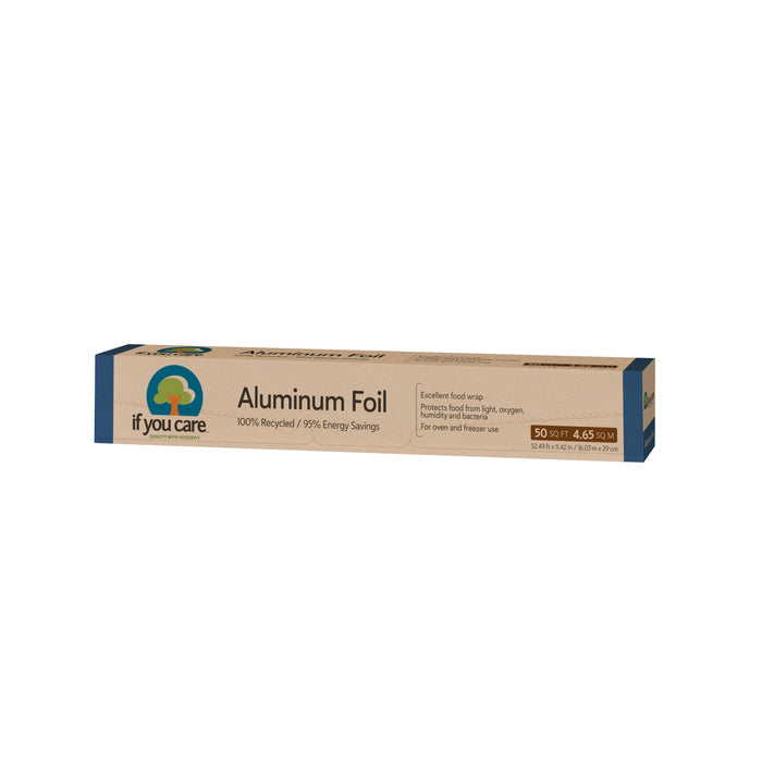 A rectangular box of if you care brand aluminum foil, labeled as 100% recycled and offering energy savings. The box is brown with blue and green accents and mentions food wrap uses.