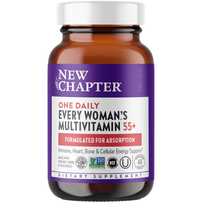 A brown bottle of New Chapter One Daily Every Woman’s Multivitamin 55+ with a purple label, showing it is formulated for absorption and supports immune, heart, bone, and cellular health.