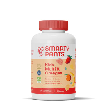 A bottle of SmartyPants Kids Multi & Omegas gummy vitamins with a red cap, illustrated fruit graphics, and an orange label showing product information.