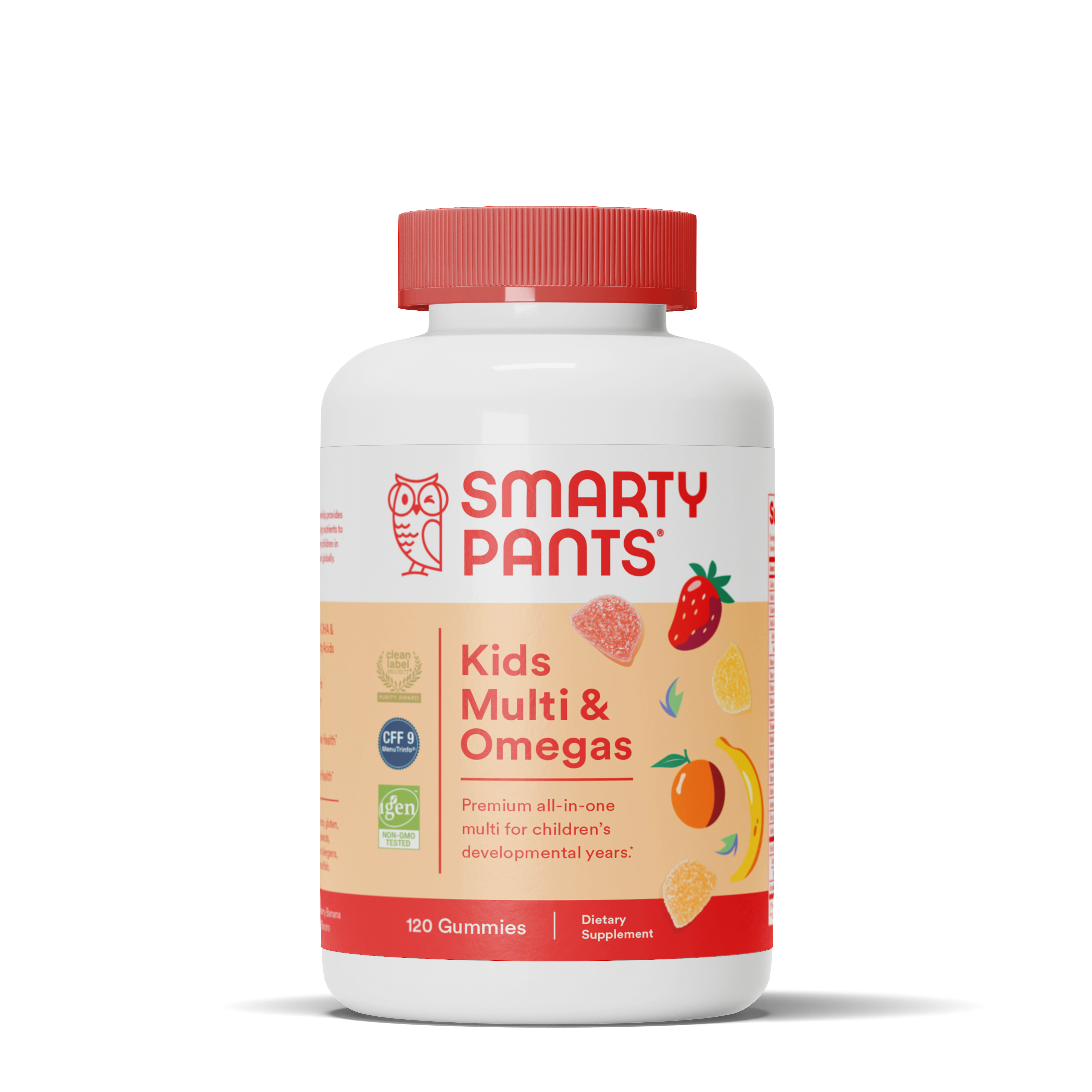 A 120-gummy bottle of SmartyPants Kids Multi & Omegas, a non-GMO multivitamin, sports a white design with a red lid and label, featuring fruit illustrations and details on its omega-3 benefits.