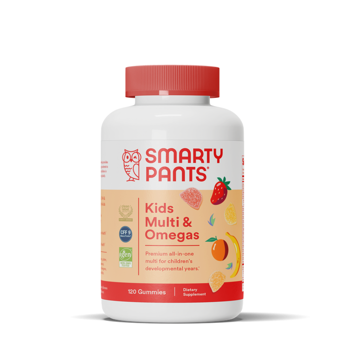 A white bottle of SmartyPants Kids Multi & Omegas gummy vitamins, featuring a red cap, colorful fruit illustrations, and text highlighting its all-in-one multivitamin benefits for children.