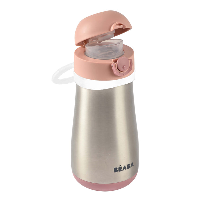 A stainless steel water bottle with a pink flip-top lid, a built-in clear spout, and a white carrying strap. The brand name BÉABA is printed near the base.