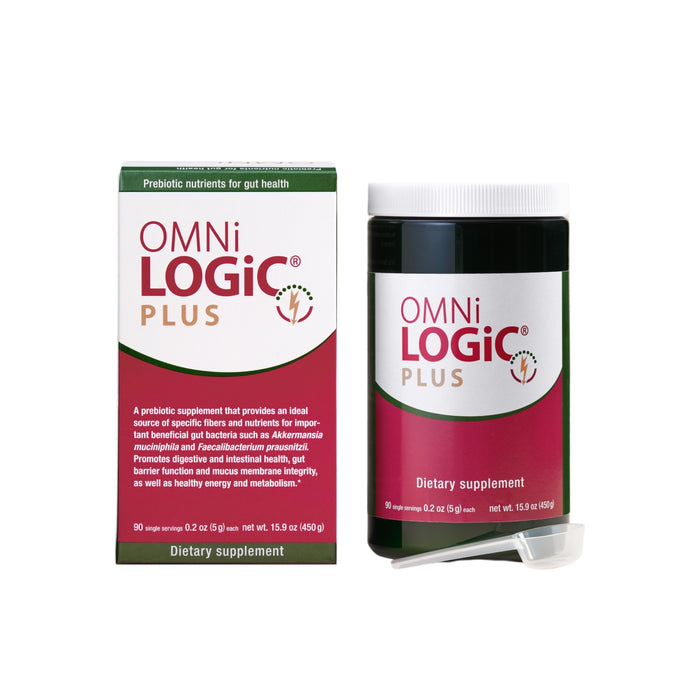 A box and container of OMNi-LOGiC Plus dietary supplement, both white with red and green accents, featuring the label and a small clear scoop resting beside the container.