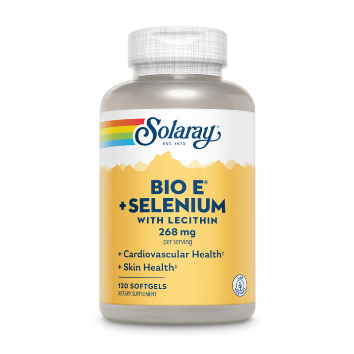 A bottle of Solaray Bio E + Selenium with Lecithin dietary supplement, featuring 120 softgels. The label highlights benefits for cardiovascular and skin health and displays a colorful rainbow stripe at the top.